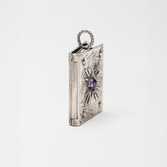 Pendente libro in argento 925 con pietra ametista viola – ciondolo porta foto artigianale ed elegante firmato Aduna Jewels