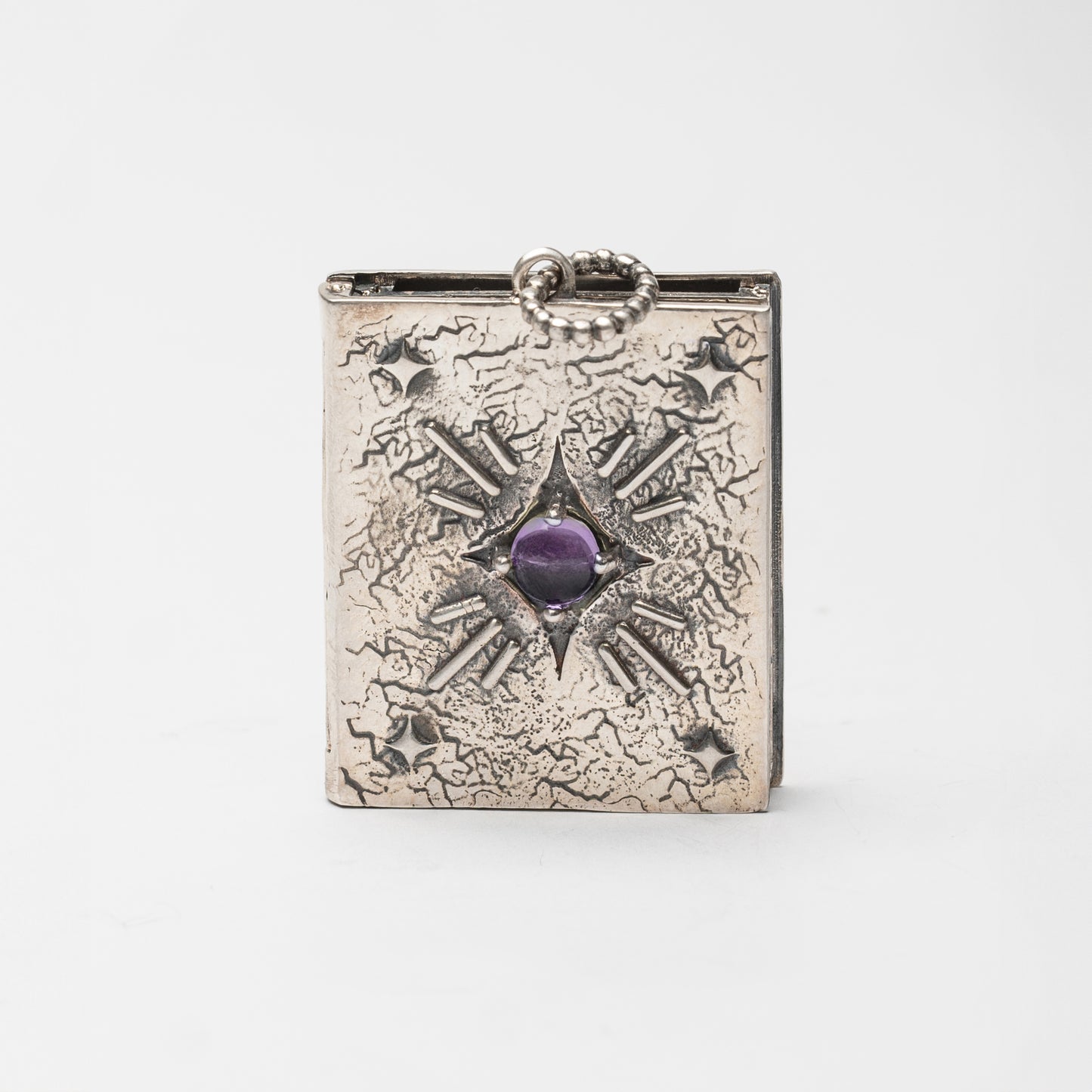 Pendente libro in argento 925 brunito lucido con pietra ametista viola – ciondolo porta foto artigianale ed elegante firmato Aduna Jewels