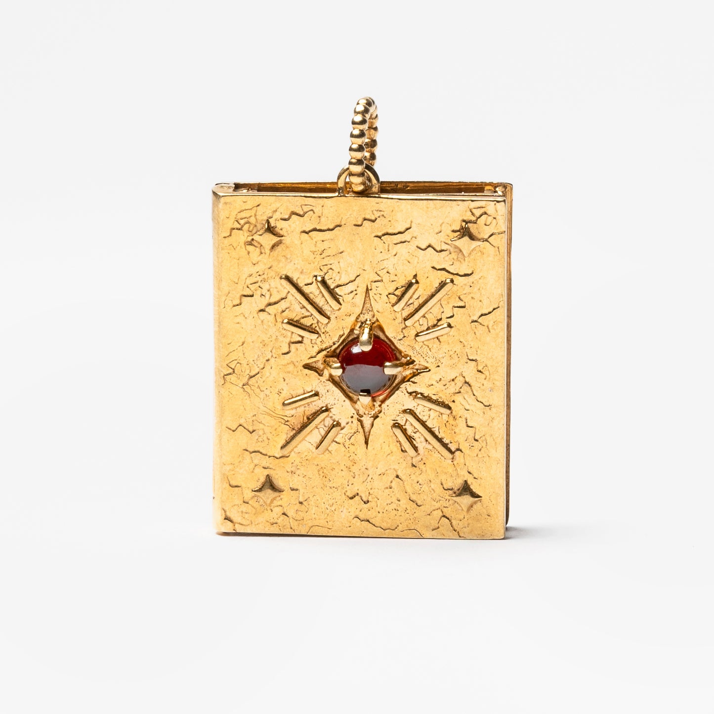 Pendente libro in oro con pietra granato rosso – gioiello artigianale porta foto elegante e simbolico di Aduna Jewels