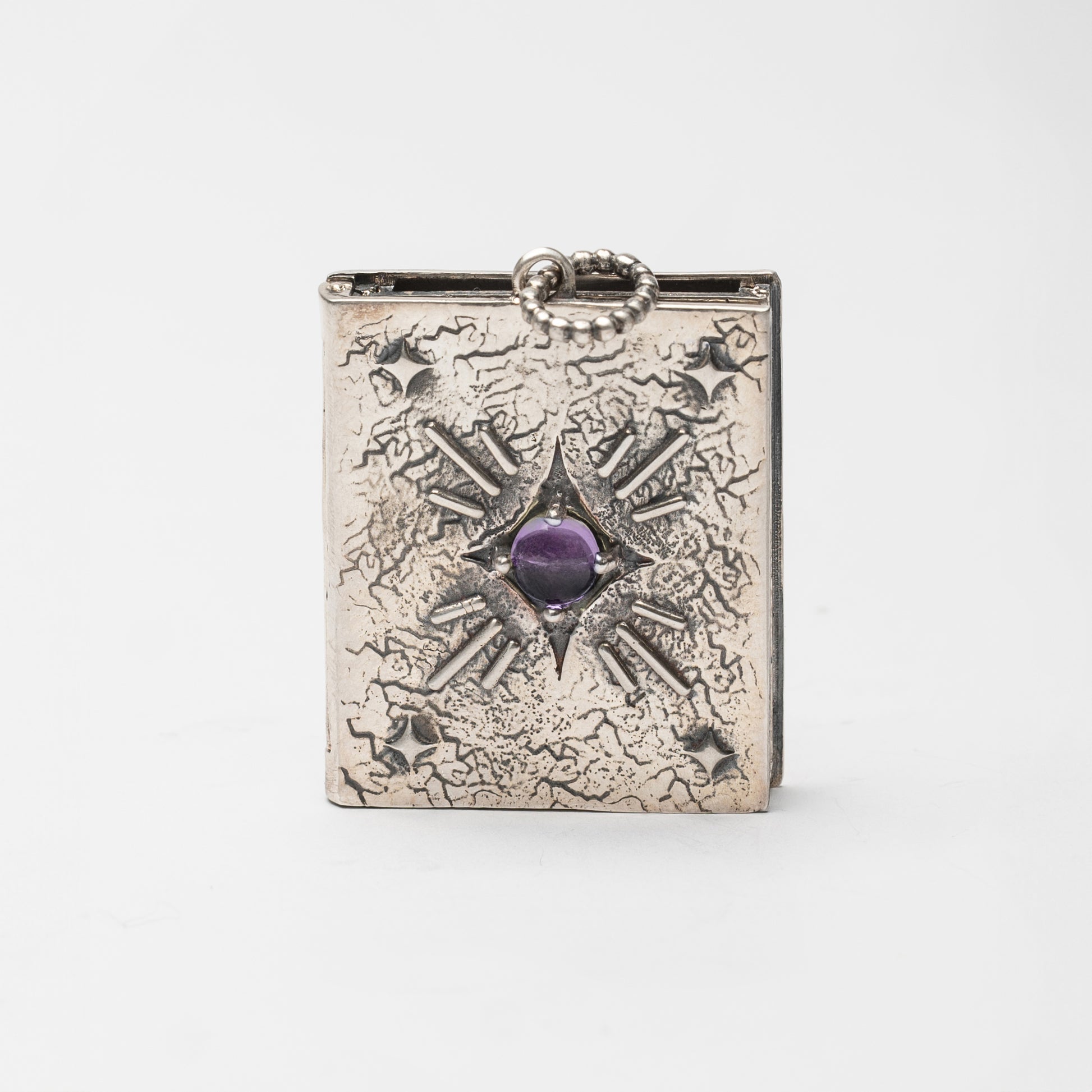 Pendente libro in argento 925 brunito lucido con pietra ametista viola – ciondolo porta foto artigianale ed elegante firmato Aduna Jewels