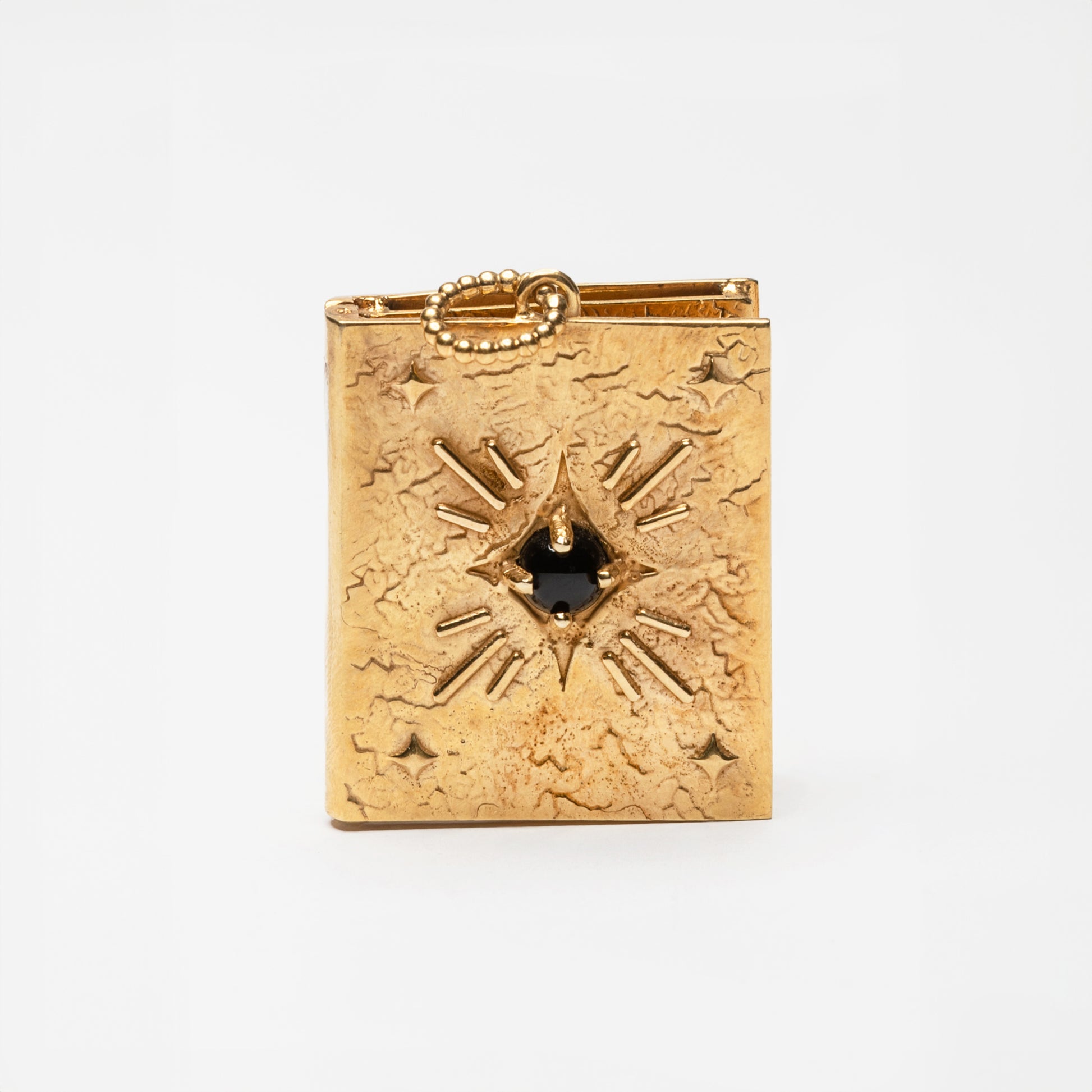 Pendente a forma di libro in oro con pietra onice nera – gioiello porta foto artigianale firmato Aduna Jewels
