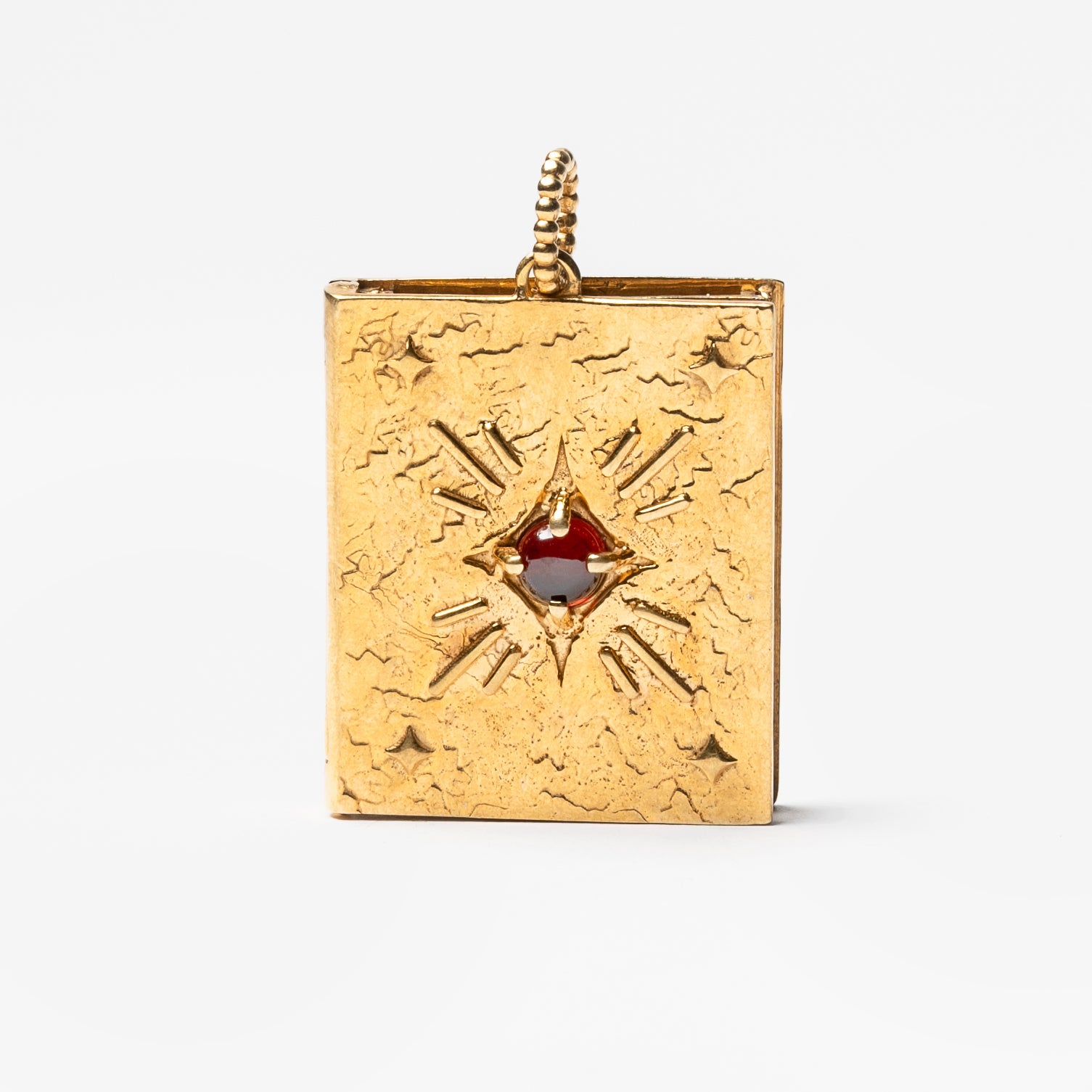 Pendente libro in oro con pietra granato rosso – gioiello artigianale porta foto elegante e simbolico di Aduna Jewels